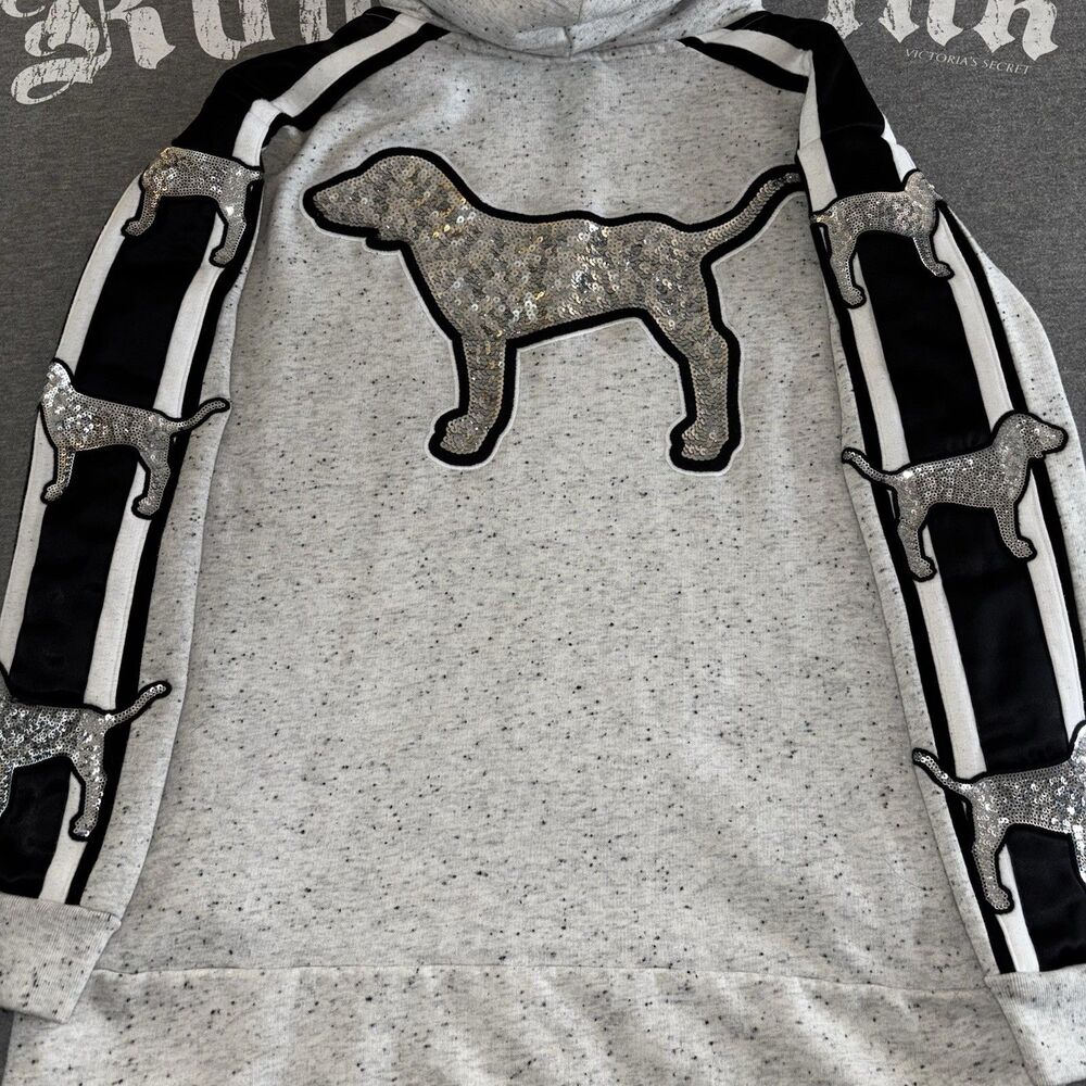 Victoria's Secret PINK Hoodie Silver Sequin Bling Pup Dog Logo Pullover Medium - Picture 3 of 16